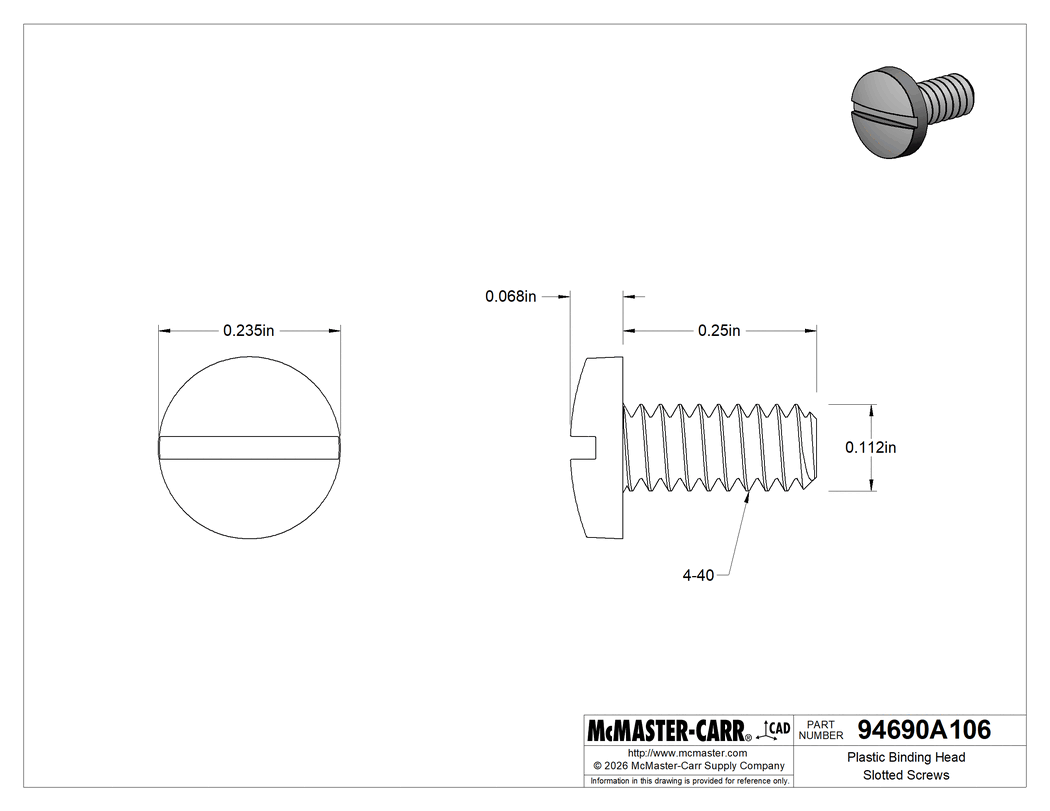 Technical Drawing of Plastic Binding Head Slotted Screws, 4-40 Thread, 1/4" Long.